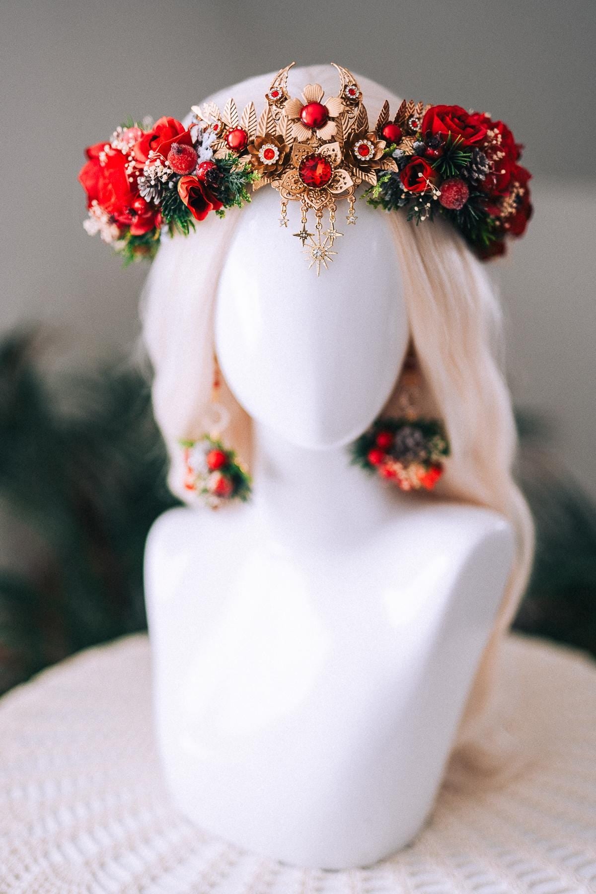 Christmas Floral Earrings Red Roses Gold