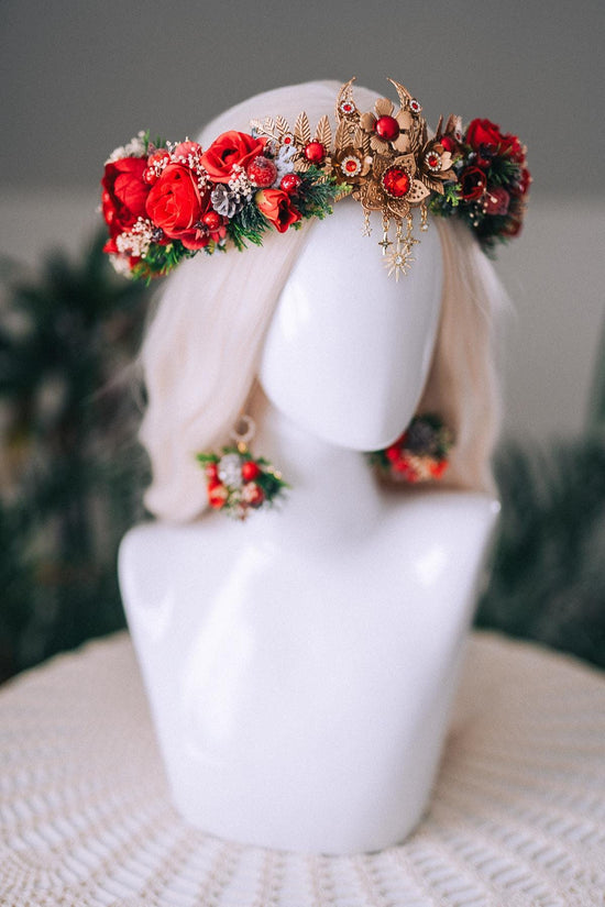 Christmas Floral Earrings Red Roses Gold