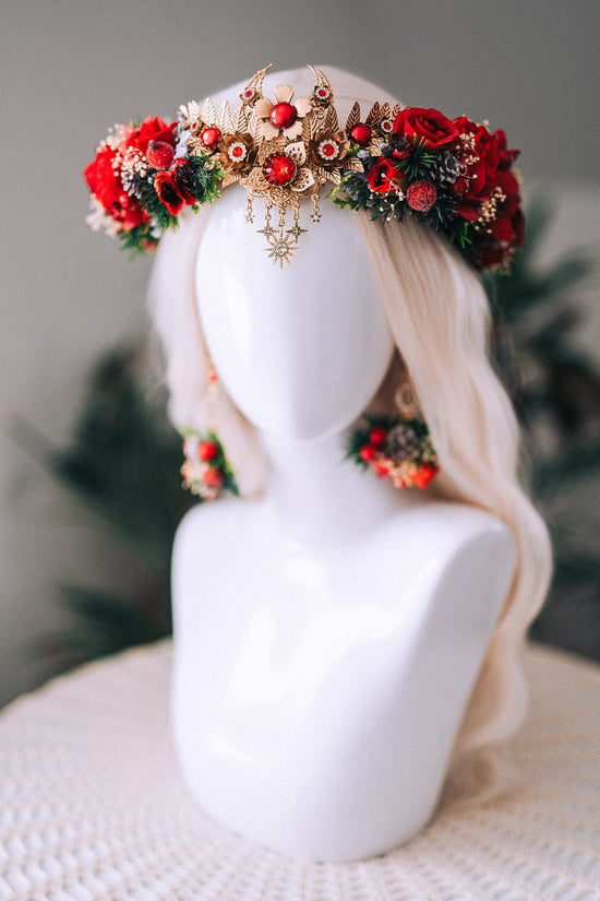 Christmas Floral Earrings Red Roses Gold