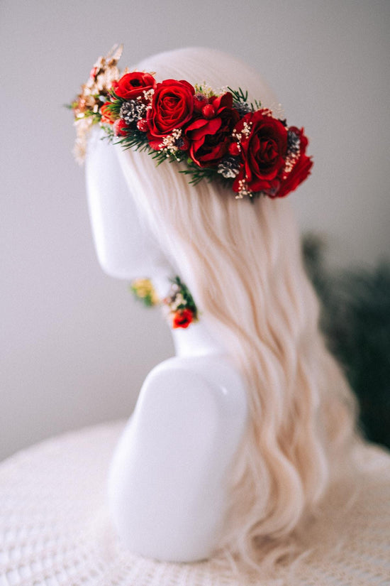 Christmas Floral Earrings Red Roses Gold