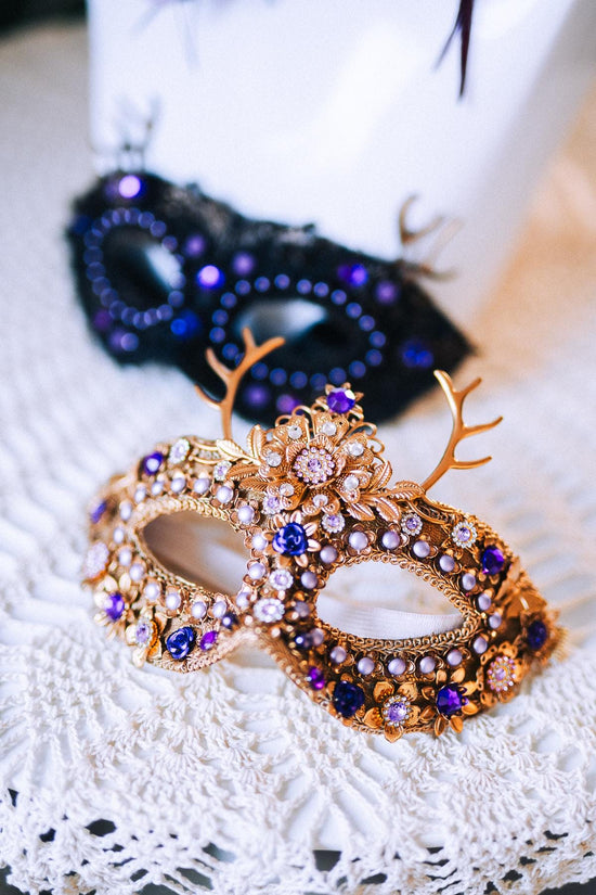 Lavender Purple Masquerade Mask Mens Floral Gold Carnival Costume Mask