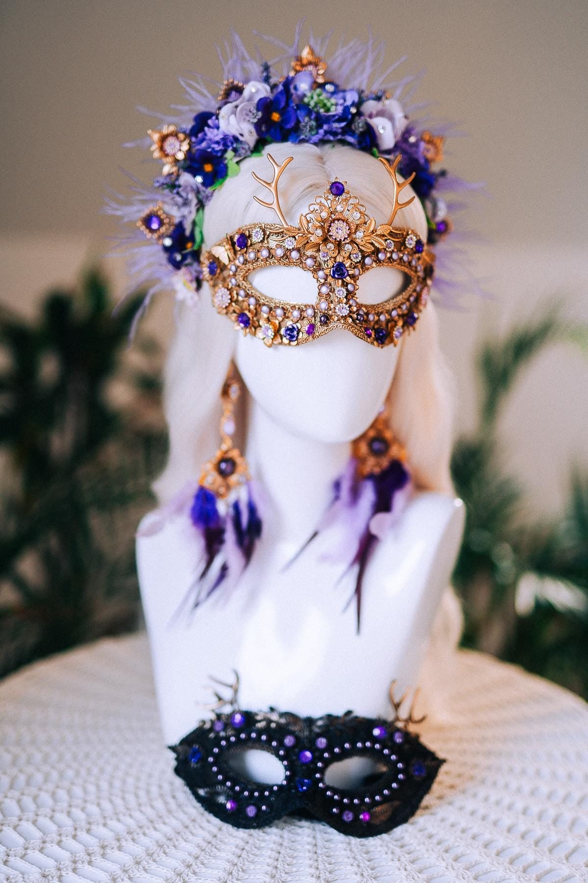 Lavender Goddess Halo Crown Purple Gold Floral Feather Headpiece