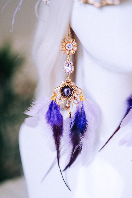 Lavender Goddess Feather Earrings Purple Gold Floral Statement Costume Jewelry