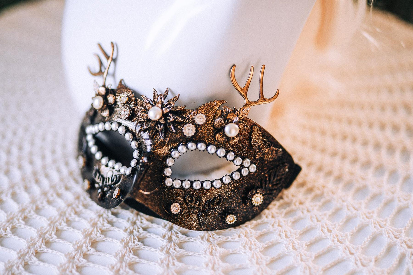 Golden Masquerade Halo Crown Floral Deer Antler Headpiece