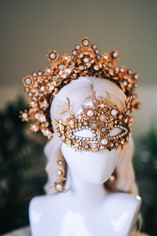 Golden Masquerade Halo Crown Floral Deer Antler Headpiece