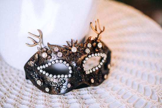 Golden Masquerade Halo Crown Floral Deer Antler Headpiece