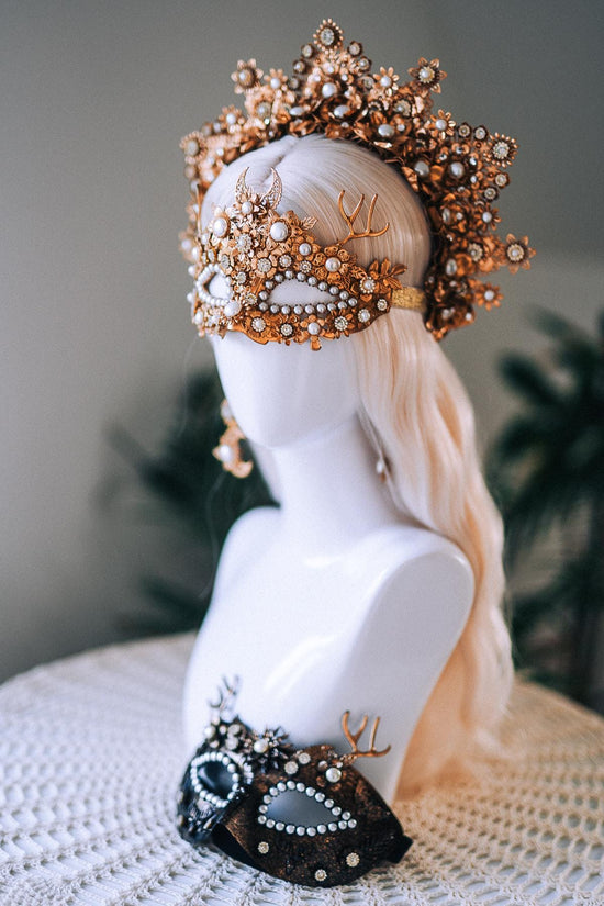 Golden Masquerade Halo Crown Floral Deer Antler Headpiece