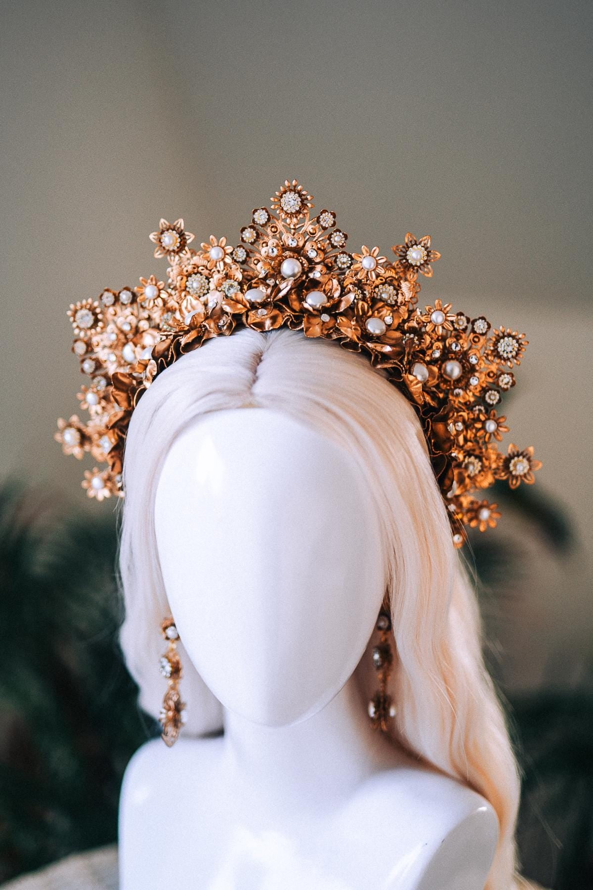 Golden Masquerade Floral Earrings White Gold Pearl Crystal Jewelry