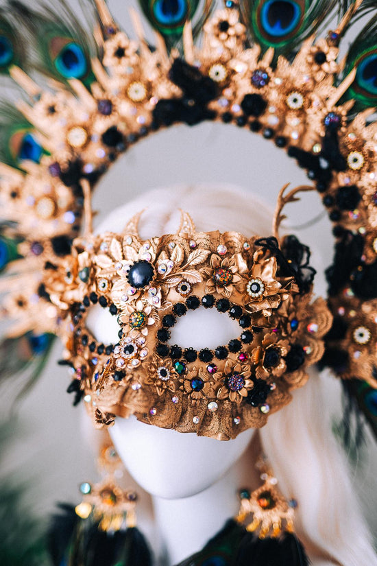 Black Gold Peacock Masquerade Mask Elegant Carnival Costume Mask For Him