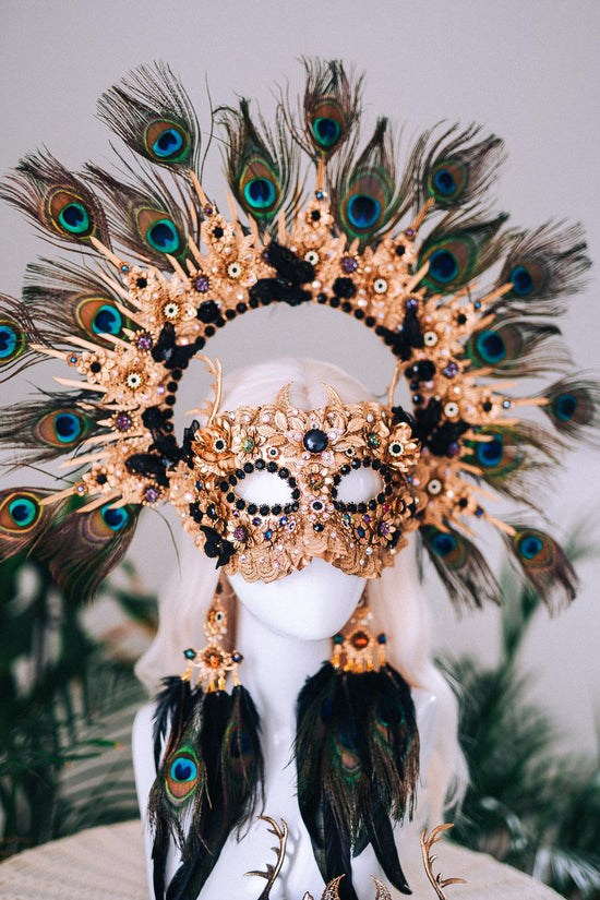 Black Gold Peacock Masquerade Mask Elegant Carnival Costume Mask For Him