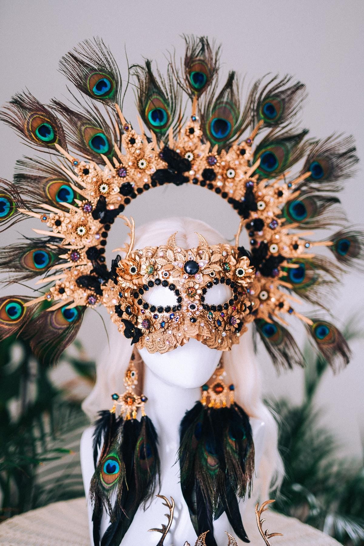 Golden Peacock Masquerade Mask Floral Carnival Costume Mask For Her