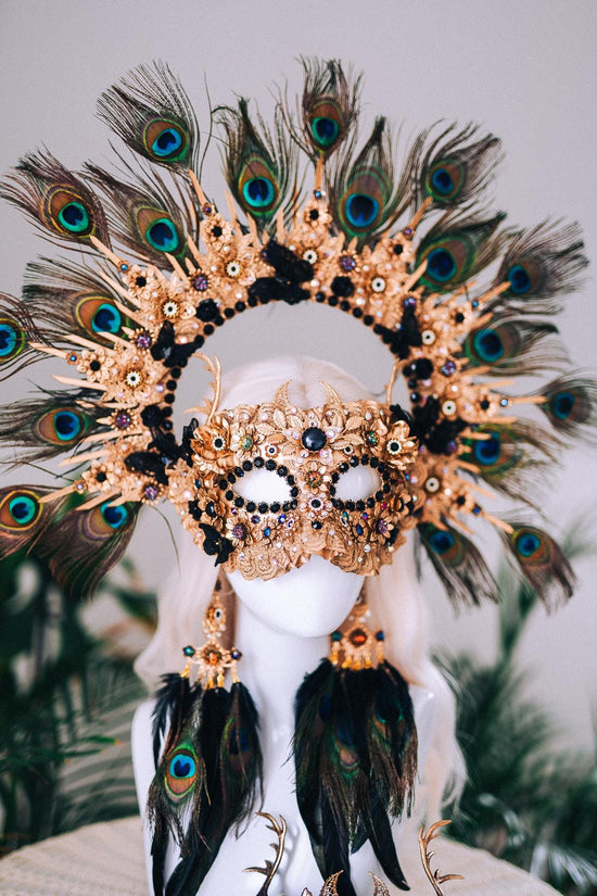 Golden Peacock Masquerade Mask Floral Carnival Costume Mask For Her
