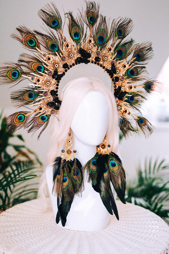 Golden Peacock Masquerade Halo Crown Floral Feather Carnival Headpiece