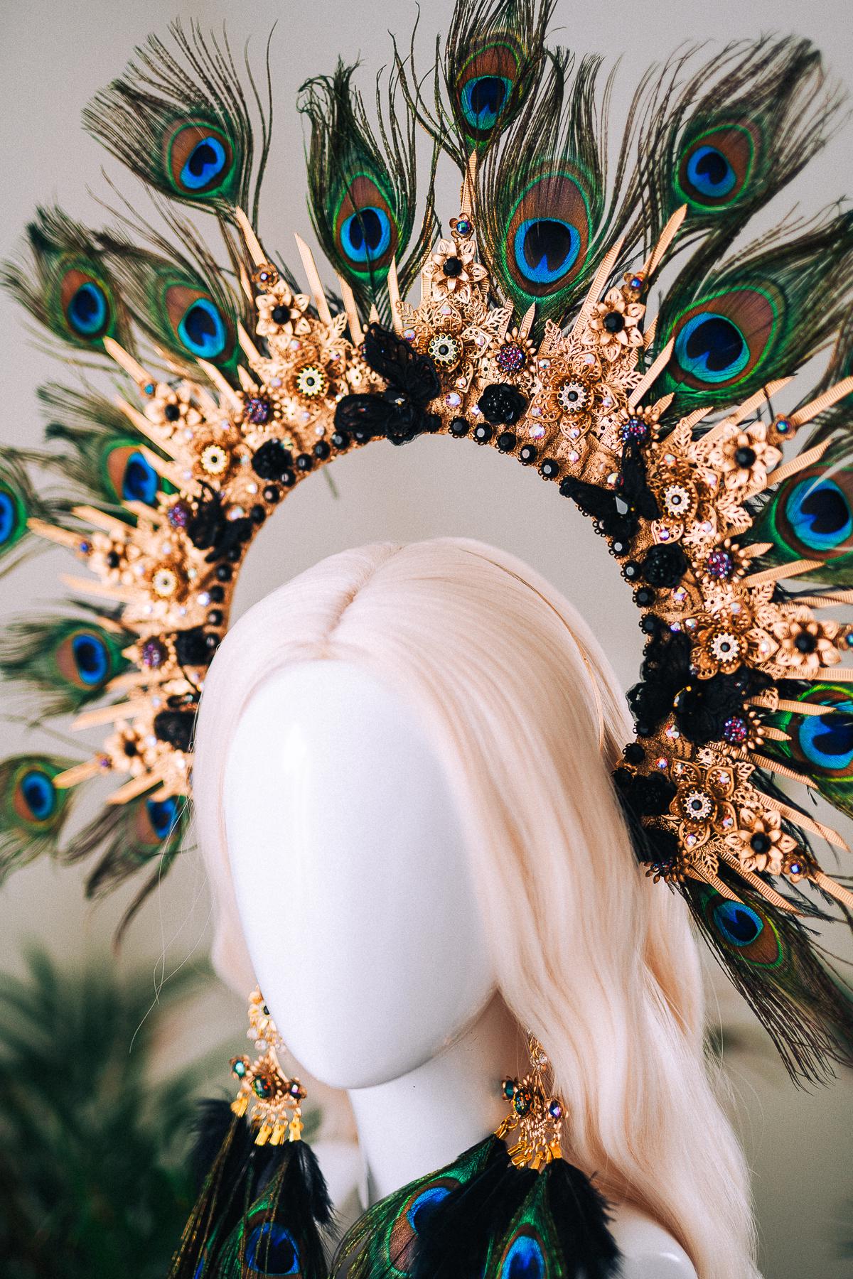 Golden Peacock Masquerade Halo Crown Floral Feather Carnival Headpiece