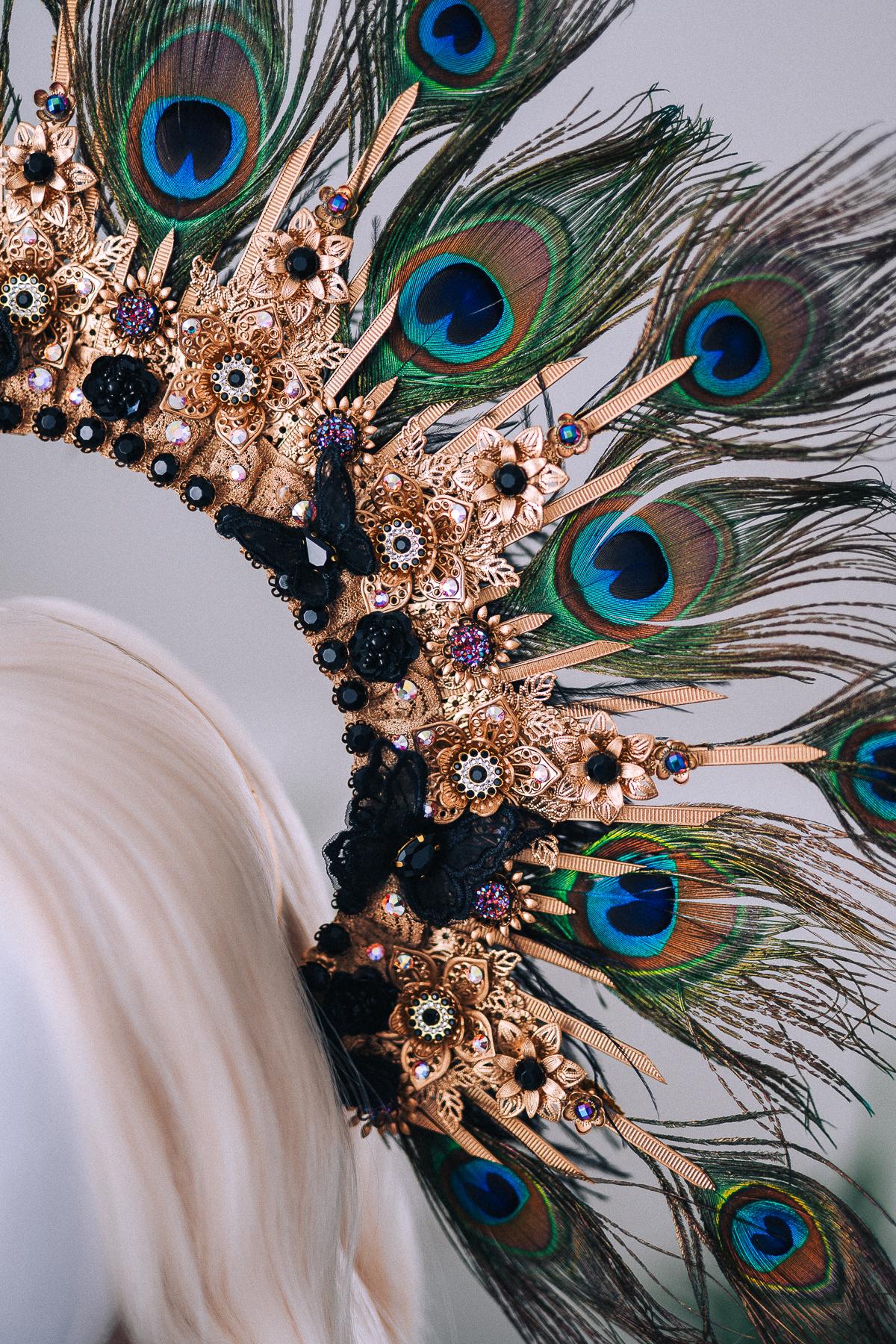 Golden Peacock Masquerade Halo Crown Floral Feather Carnival Headpiece
