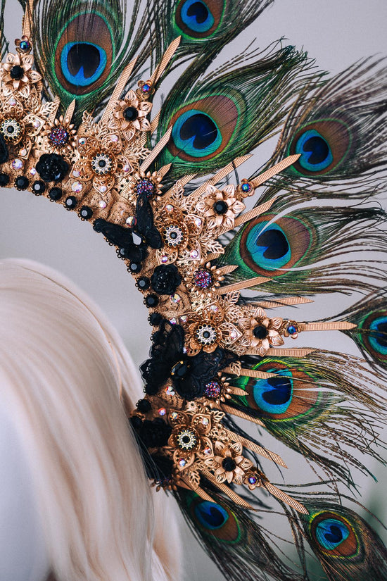 Golden Peacock Masquerade Halo Crown Floral Feather Carnival Headpiece