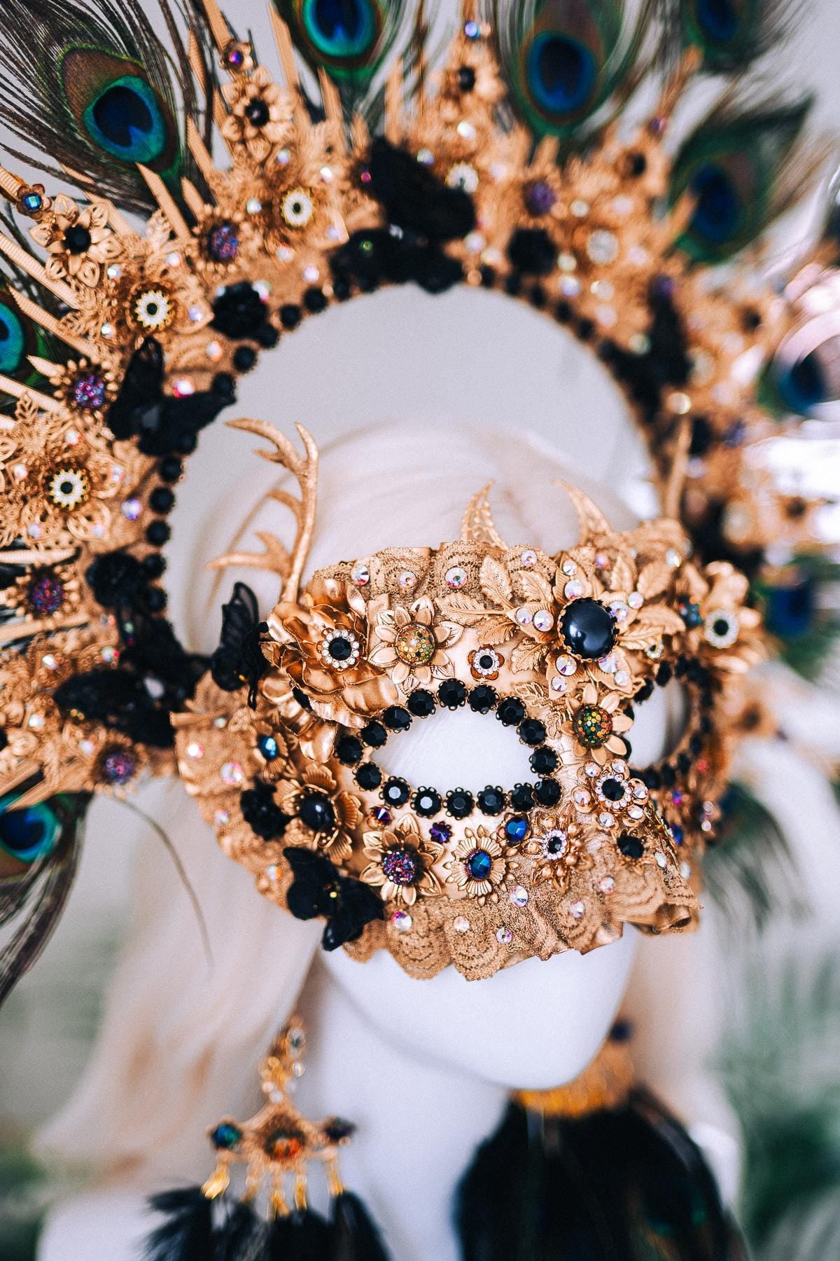 Golden Peacock Masquerade Halo Crown Floral Feather Carnival Headpiece
