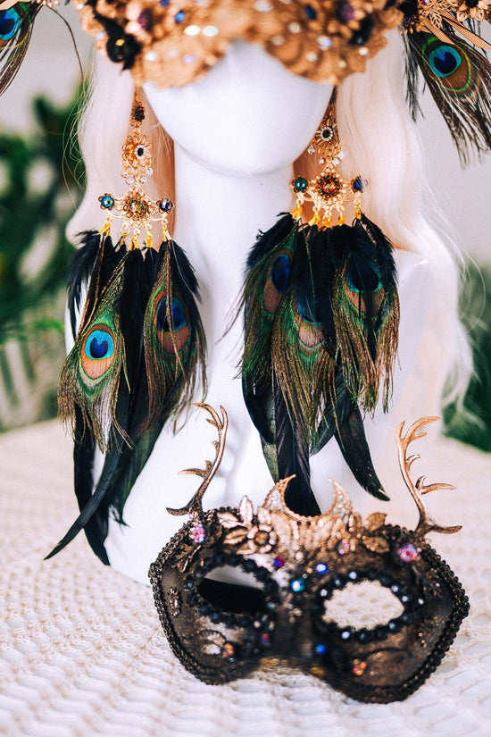 Golden Peacock Masquerade Halo Crown Floral Feather Carnival Headpiece