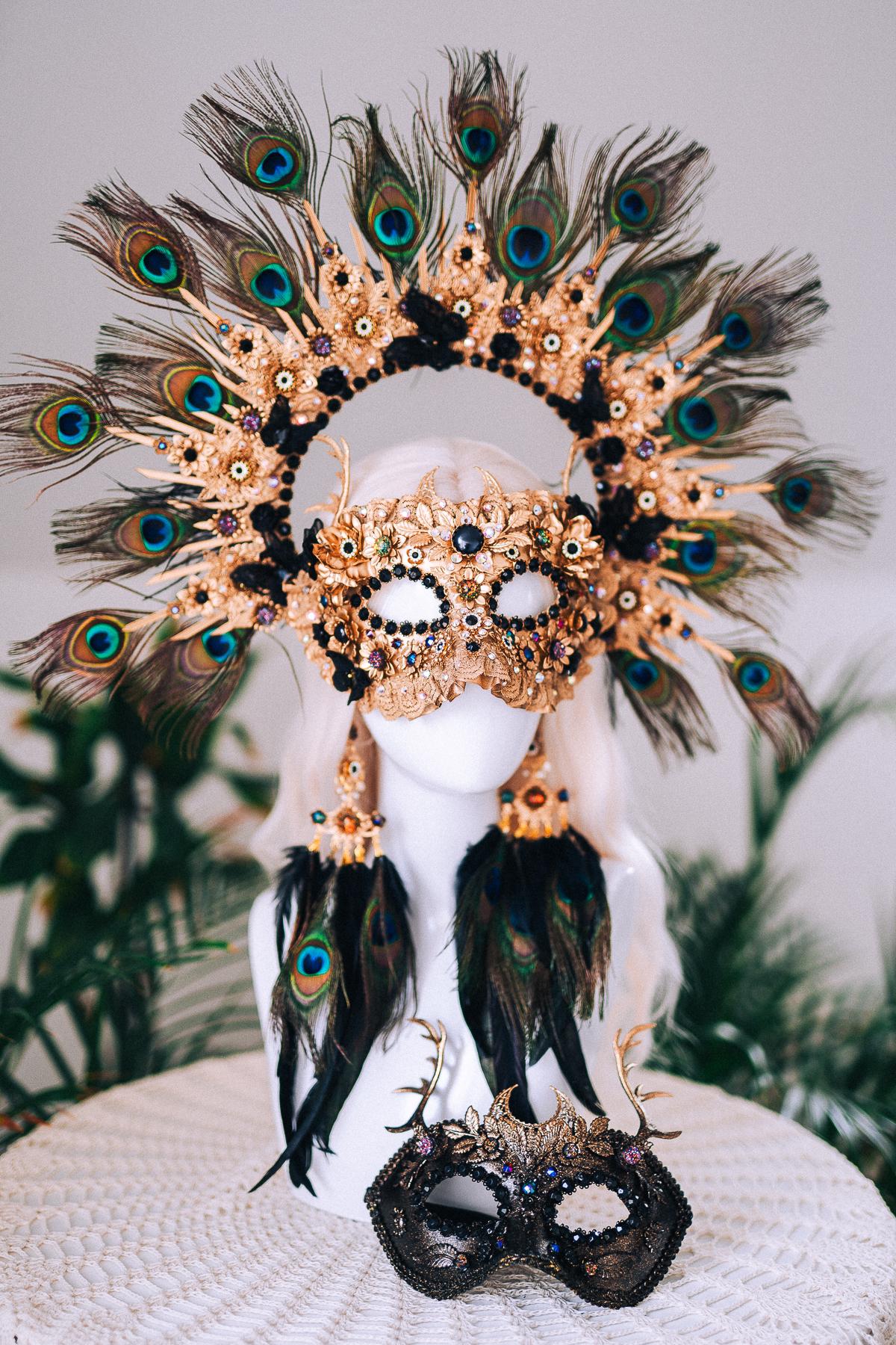Golden Peacock Masquerade Halo Crown Floral Feather Carnival Headpiece