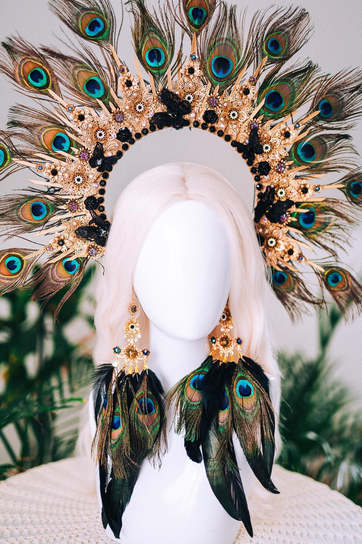 Golden Peacock Masquerade Earrings Floral Crystal Feather Jewelry