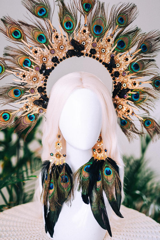 Golden Peacock Masquerade Earrings Floral Crystal Feather Jewelry