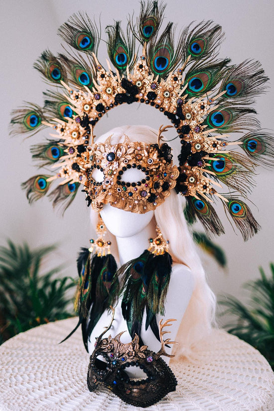 Golden Peacock Masquerade Earrings Floral Crystal Feather Jewelry