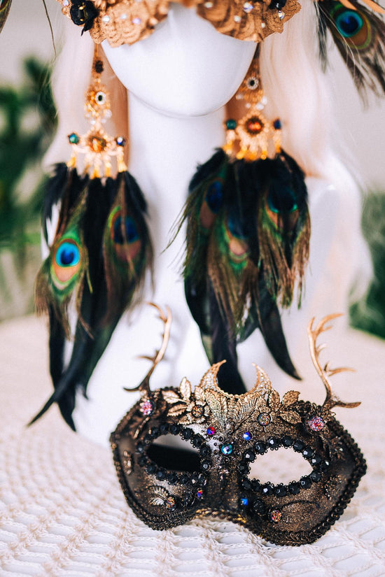Golden Peacock Masquerade Earrings Floral Crystal Feather Jewelry