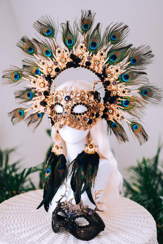 Golden Peacock Masquerade Earrings Floral Crystal Feather Jewelry