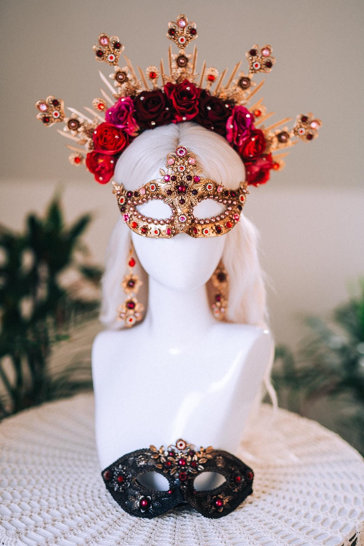 Golden Rose Masquerade Mask Red Pink Floral Carnival Costume Mask For Her