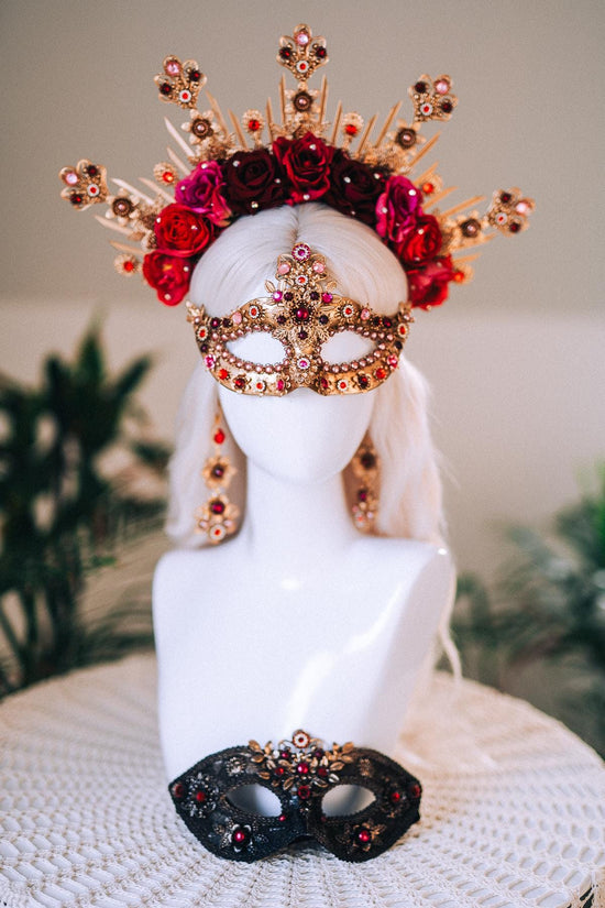 Golden Rose Masquerade Mask Red Pink Floral Carnival Costume Mask For Her