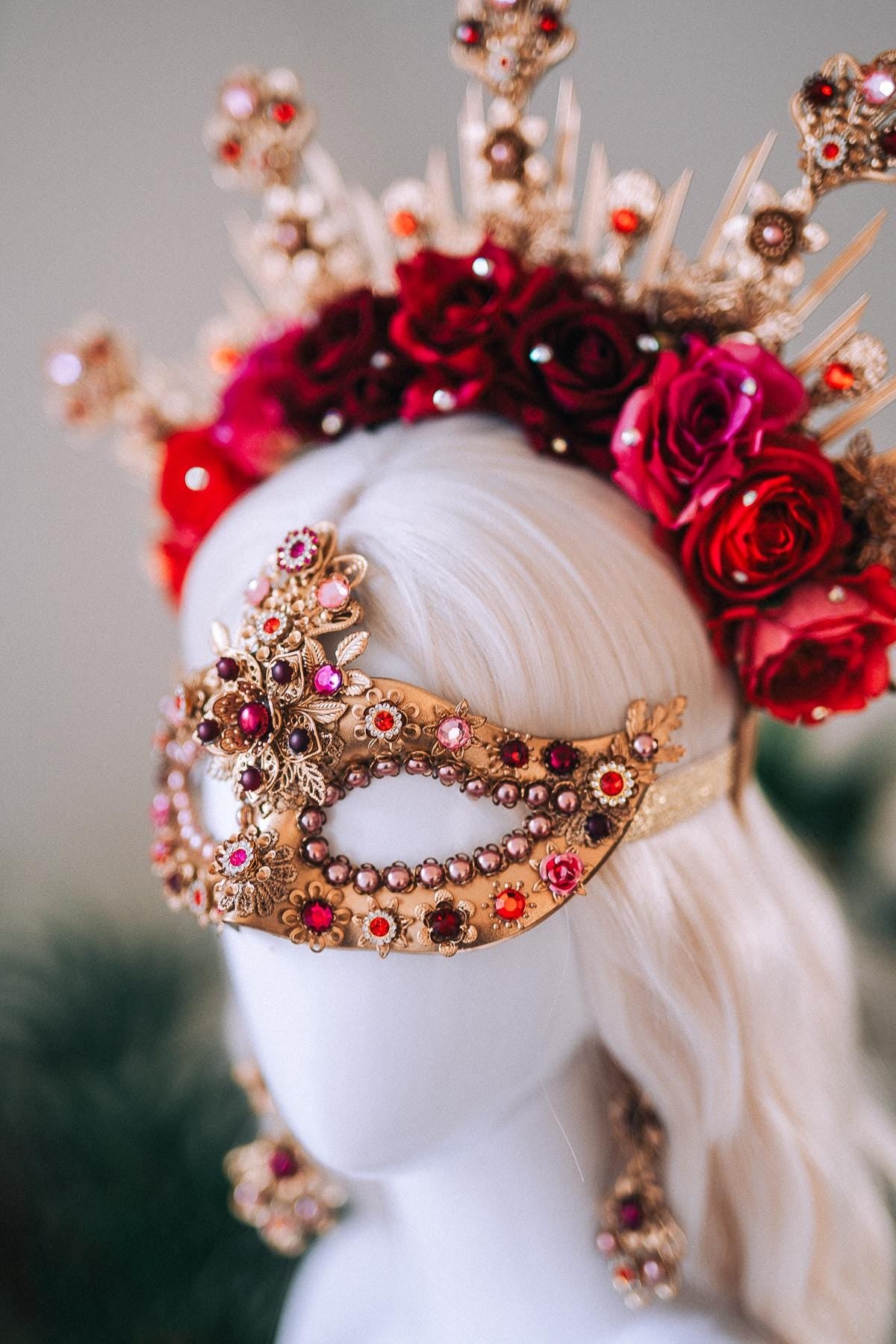 Golden Rose Masquerade Mask Red Pink Floral Carnival Costume Mask For Her