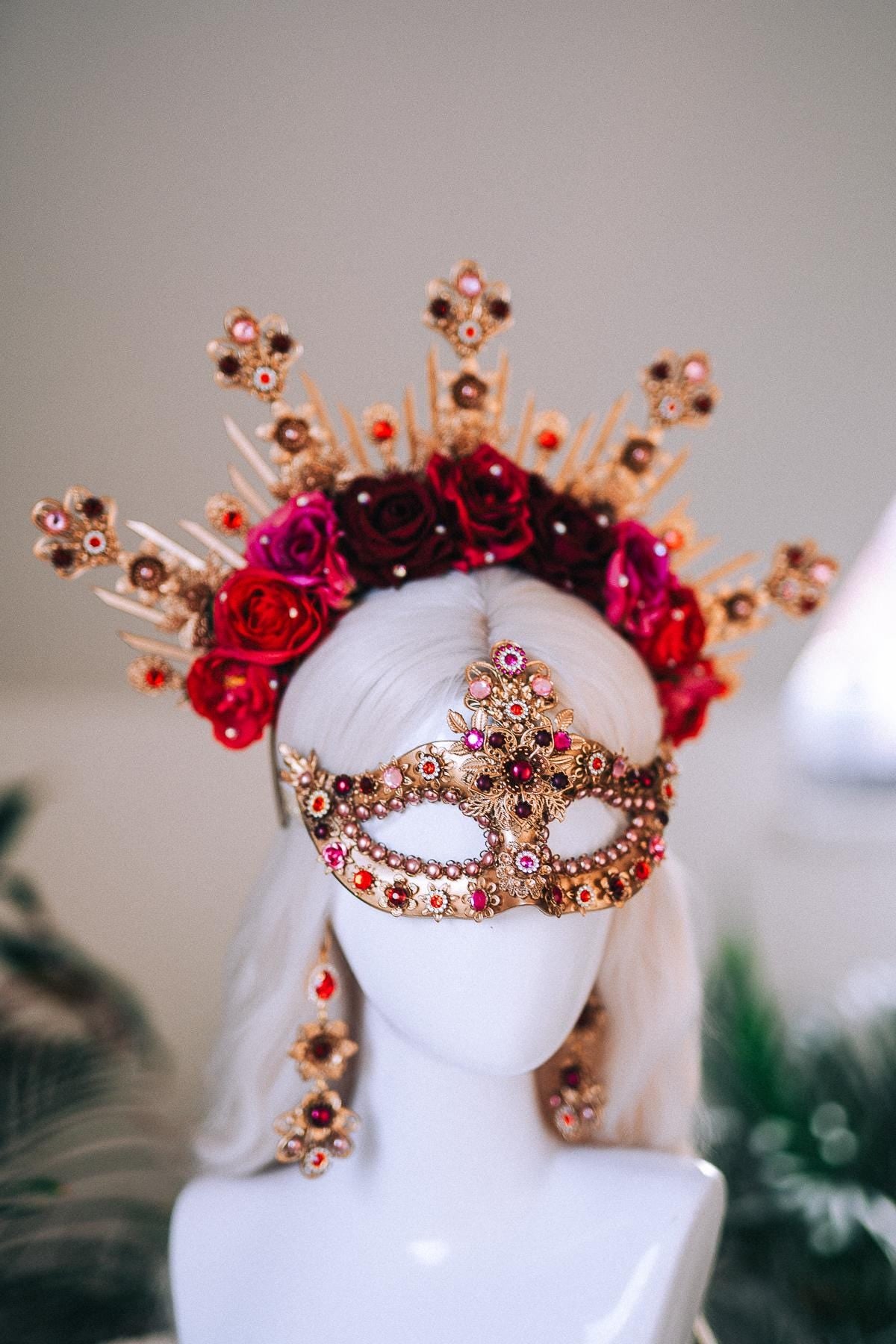 Golden Rose Masquerade Mask Red Pink Floral Carnival Costume Mask For Her