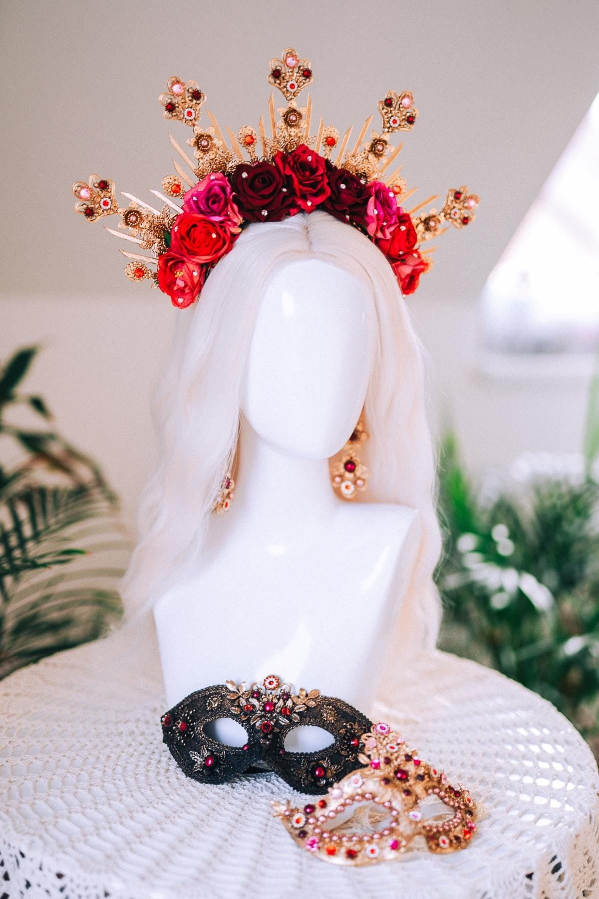 Golden Rose Masquerade Halo Crown Red Pink Floral Carnival Headpiece