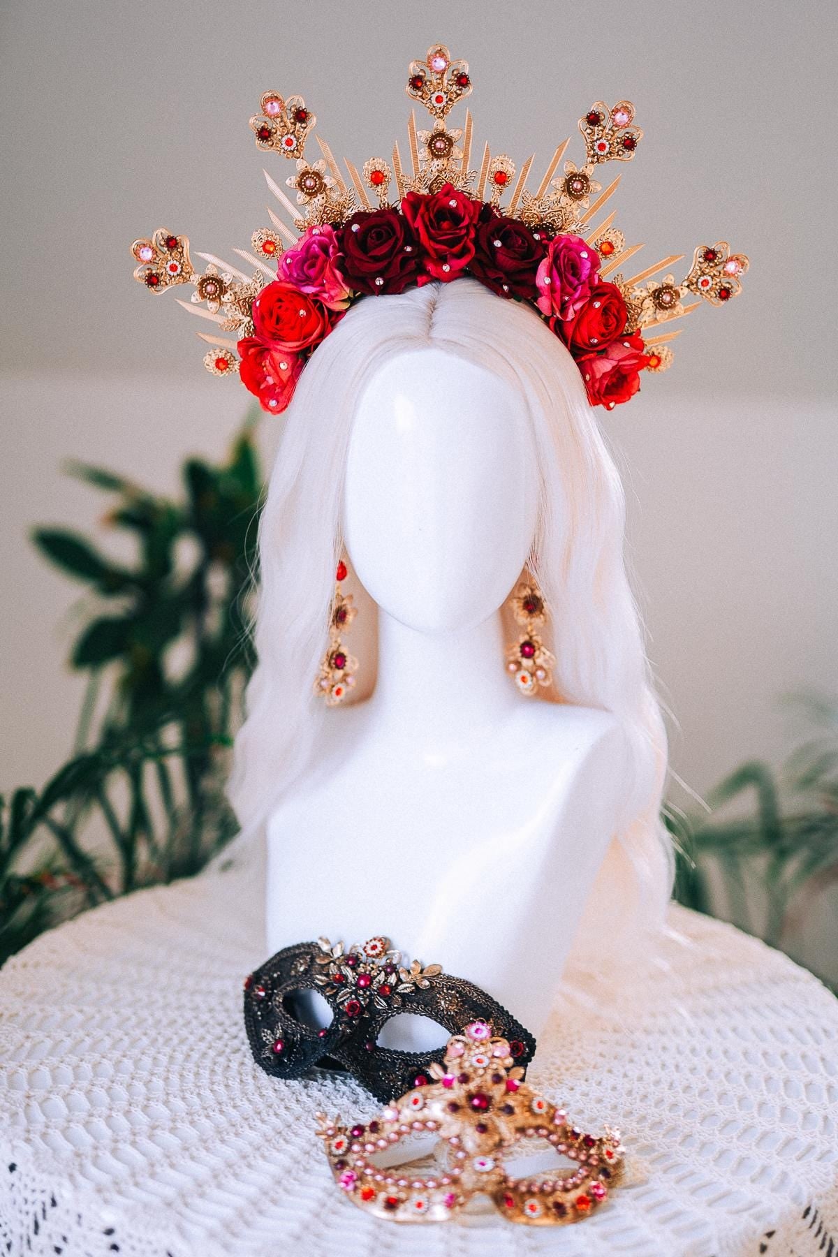 Golden Rose Masquerade Halo Crown Red Pink Floral Carnival Headpiece