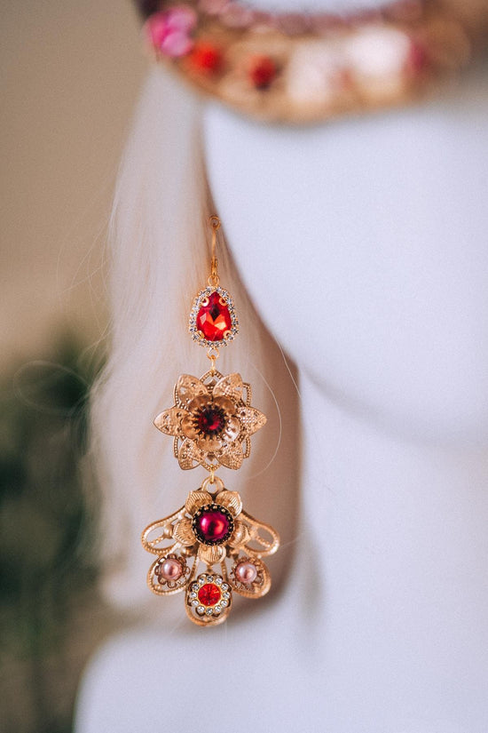 Golden Rose Masquerade Earrings Red Pink Floral Crystal Pearl Carnival Jewelry For Her