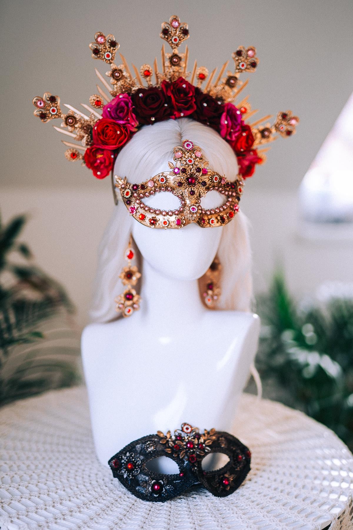 Golden Rose Masquerade Earrings Red Pink Floral Crystal Pearl Carnival Jewelry For Her