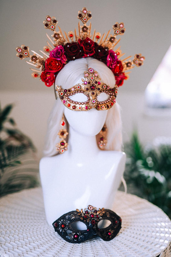 Golden Rose Masquerade Earrings Red Pink Floral Crystal Pearl Carnival Jewelry For Her