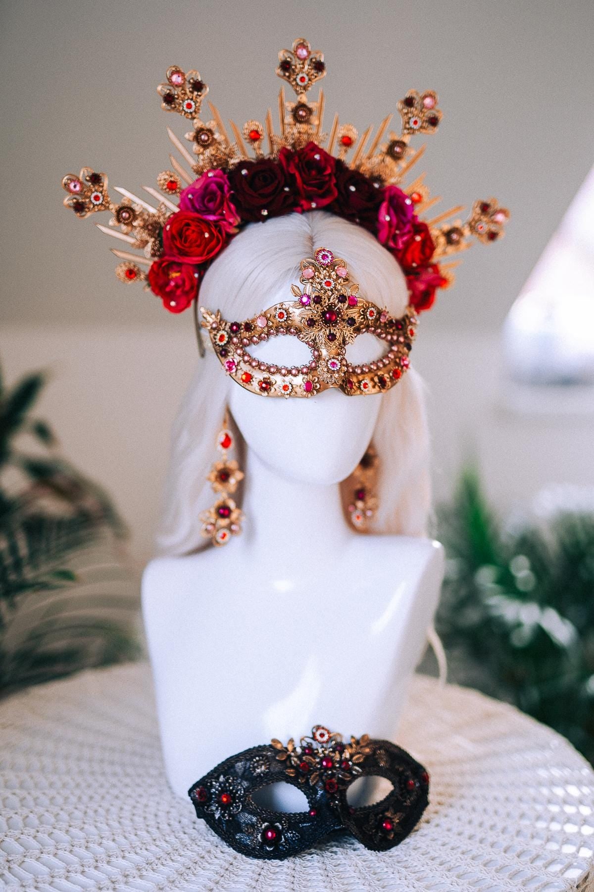 Golden Rose Masquerade Earrings Red Pink Floral Crystal Pearl Carnival Jewelry For Her