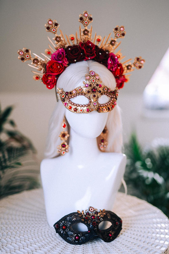 Golden Rose Masquerade Earrings Red Pink Floral Crystal Pearl Carnival Jewelry For Her