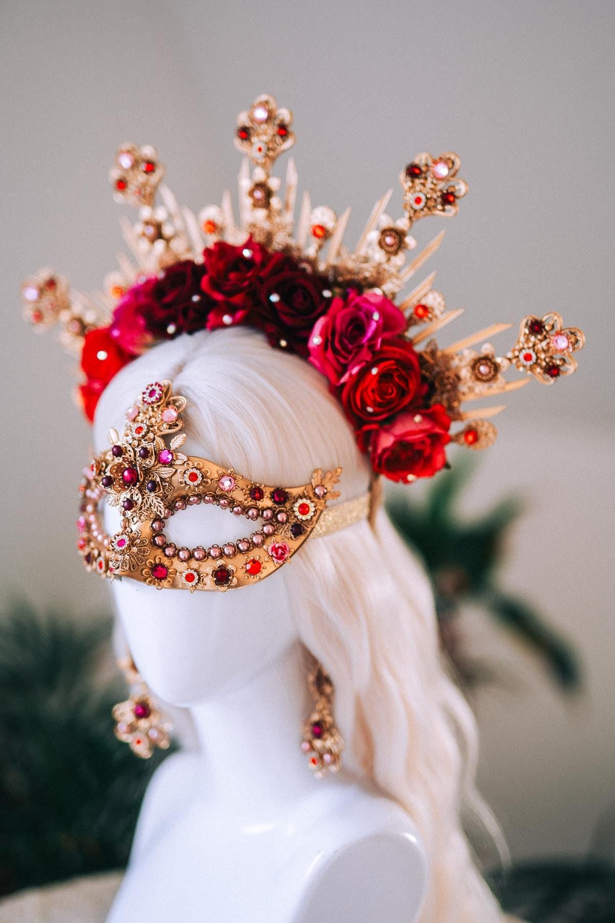 Golden Rose Masquerade Earrings Red Pink Floral Crystal Pearl Carnival Jewelry For Her