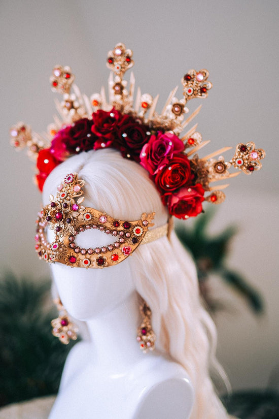 Golden Rose Masquerade Earrings Red Pink Floral Crystal Pearl Carnival Jewelry For Her