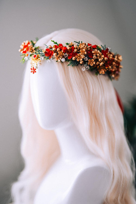 Red Gold Christmas Floral Crown Festive Holiday Headpiece Winter Goddess Tiara