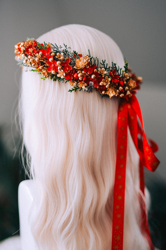 Red Gold Christmas Floral Crown Festive Holiday Headpiece Winter Goddess Tiara
