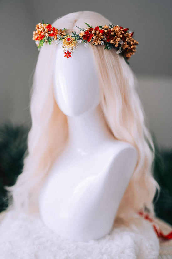 Red Gold Christmas Floral Crown Festive Holiday Headpiece Winter Goddess Tiara