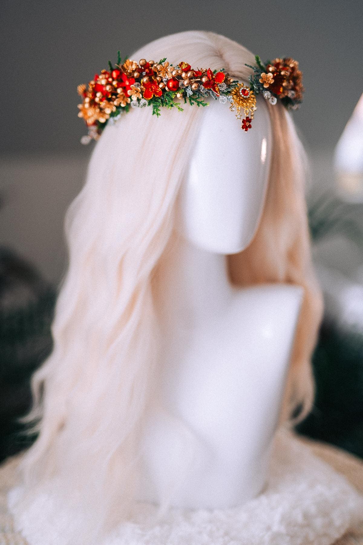 Red Gold Christmas Floral Crown Festive Holiday Headpiece Winter Goddess Tiara