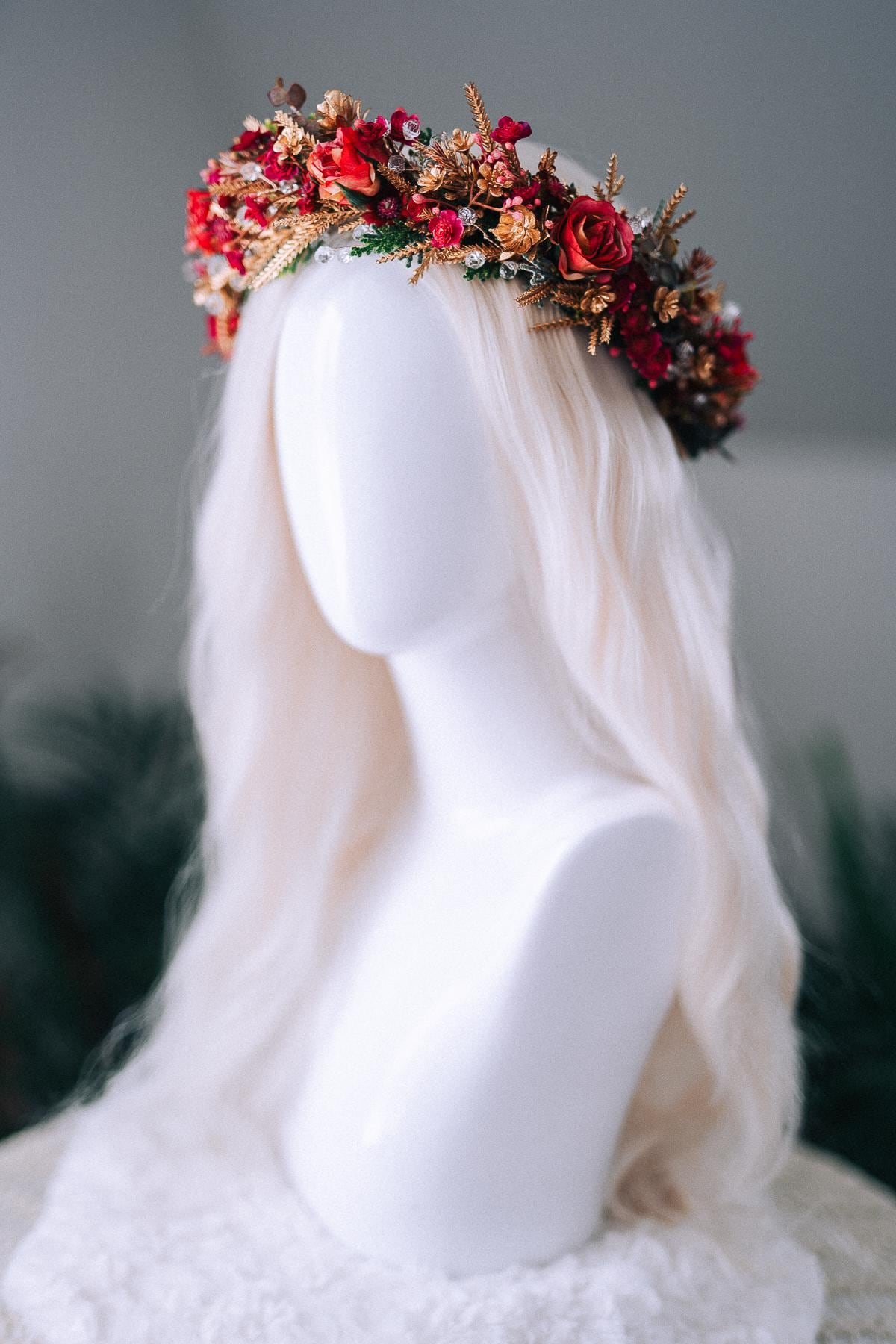 Red Gold Christmas Winter Crown Floral Holiday Headpiece Festive Goddess Tiara