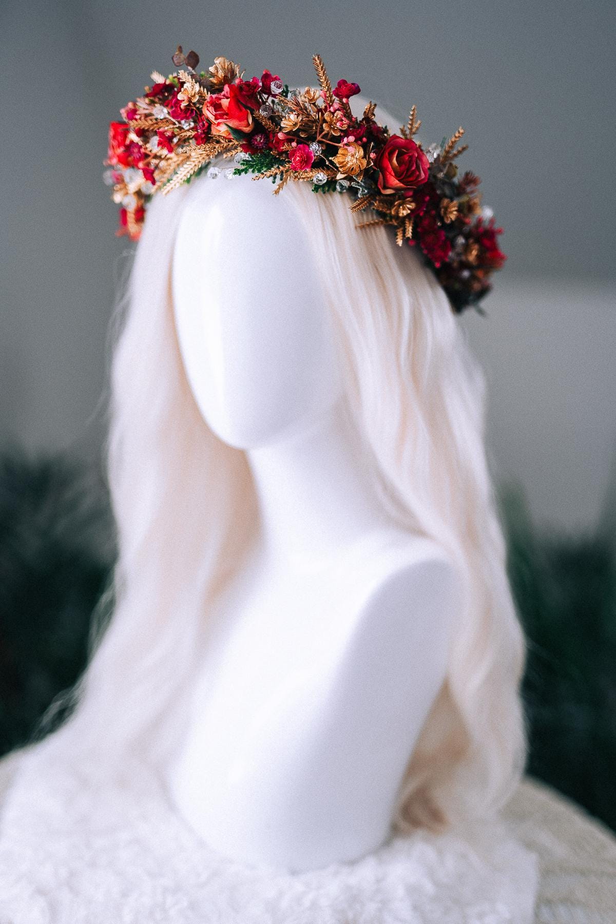 Red Gold Christmas Winter Crown Floral Holiday Headpiece Festive Goddess Tiara