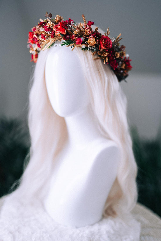 Red Gold Christmas Winter Crown Floral Holiday Headpiece Festive Goddess Tiara