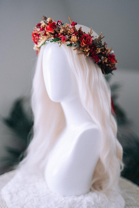 Red Gold Christmas Winter Crown Floral Holiday Headpiece Festive Goddess Tiara
