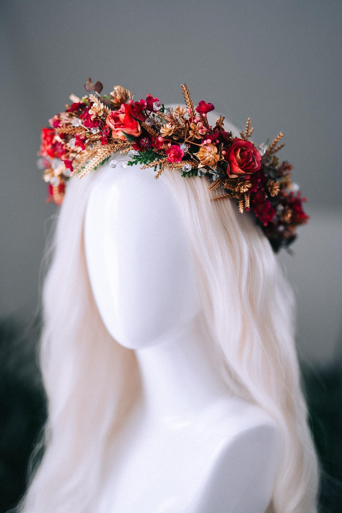 Red Gold Christmas Winter Crown Floral Holiday Headpiece Festive Goddess Tiara